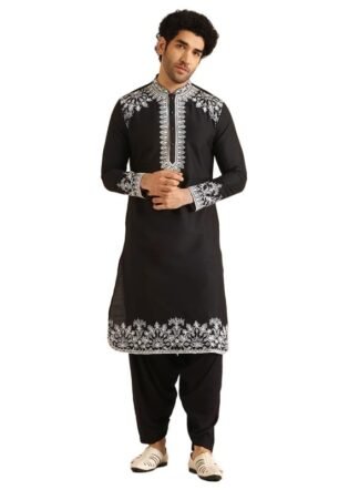 KISAH Men's Kurta Patiyala Set, Black Cotton Blend, Embroidered Regular Fit Mandarin Collar Long Sleeves (42)