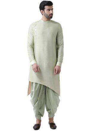 KISAH Men's Kurta Dhoti Set, Green Cotton Blend, Solid Dyed Regular Fit Long Sleeves Mandarin Collar (42)