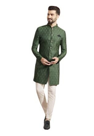 KISAH Men's Indo-Western Sherwani Trouser Set, Olive Silk Blend, Woven Design Regular Fit Mandarin Collar Long Sleeves (XL)
