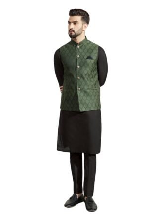 KISAH Men's Kurta Jacket Trouser Set, Olive Jacquard, Woven Design Long Sleeves Regular Fit Mandarin Collar (S)