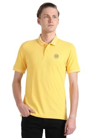 Peter England Men's Regular Fit Branded Insignia Half Sleeve Polo T-Shirt | Cotton Rich | Premium Pique Weave, Medium, Yellow