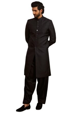 VASTRAMAY Men's Black Silk Blend Sherwani And Patiala Set - Silk Blend Jacquard Sherwani,And Patiala Set for Men.