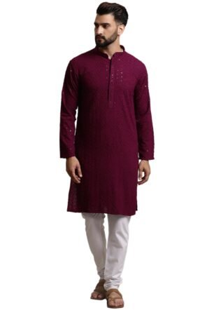 SOJANYA (Since 1958 Men's Pure Cotton Dark Purple Sequence Kurta & White Pyjama Set
