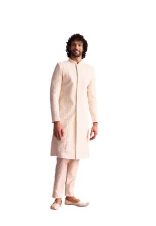 VASTRAMAY Men'S Cream Georgette Sherwani Set | Wedding & Festive Ethnic Wear | Ideal For Traditional, Haldi, Sangeet & Reception Functions (VSHRMIW237CRnPANT002CR_36)
