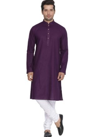 VASTRAMAY Men's Purple Cotton Linen Blend Kurta Pyjama Set – Solid Ethnic Wear with Mandarin Collar & Churidar, Comfortable for Weddings, Festivals & Special Occasions