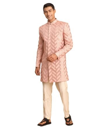 VASTRAMAY Men’s Pink Silk Blend Sherwani Set | Premium Wedding & Festive Ethnic Wear