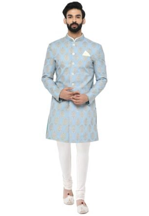 KISAH Sherwani for Men Wedding – Printed Indo Western Sherwani with Churidar | Designer Ethnic Outfit for Groom & Festivals, Blue, 44