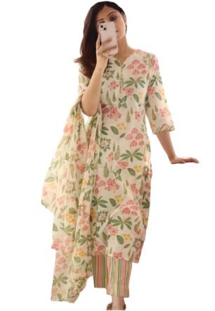 ANNI DESIGNER Women's Cotton Blend Printed Straight Kurta with Pant & Dupatta (Kumud Cream_L_Cream_Large)