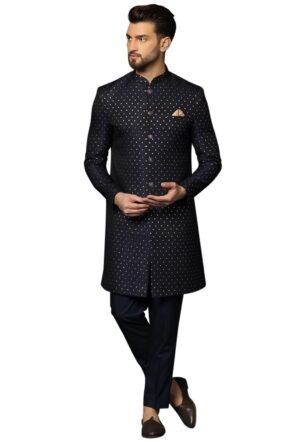 KISAH Men’s Sherwani & Trouser Set – Embellished Silk Blend Jacquard Ethnic Wear for Men – Regular Fit Wedding & Festive Look – Dry Clean Only, Black, 42