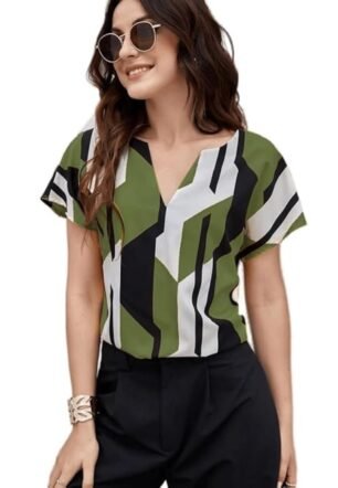 Classy Fashion Women's Geometric Pattern Polyester Blend Tunic Top with V-Neck Half Sleeve and Standard Length Pull Closure Type|Women's Tops