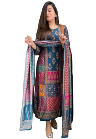 GoSriKi Women's Rayon Viscose Printed Straight Kurta with Pant & Dupatta (Sula Multi-GS_L_Multicolor_Large)