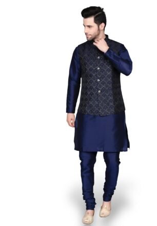 Ethluxis Men's Silk Blend Printed Kurta Churidar Pyjama with Ethnic Bundi Jacket Set (44, Navy/Navy), 2XL