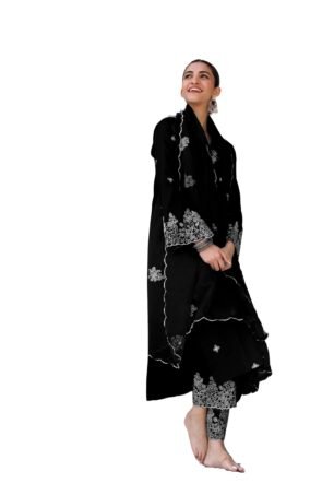 Royal Export Women's Viscose Silk Floral Embroidered Straight Kurta Pant with Dupatta (RX60-Black-M)