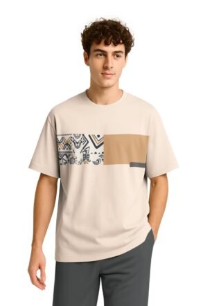 BULLMER Trendy Half Sleeve Oversized Cotton Blend Crew Neck Tshirt for Men Beige Small