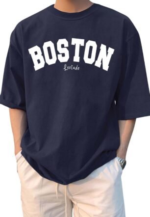 LEOTUDE Men's Half Sleeve Round Neck Cottonblend Graphic Print Oversized Tshirt for Man (FS49_Navy_Boston_P_Navy Blue_L)