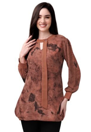 Gufrina Elegant Women's Full Sleeve Tunic Top with Unique Print – Versatile and Stylish top/Blouse (Brown L)