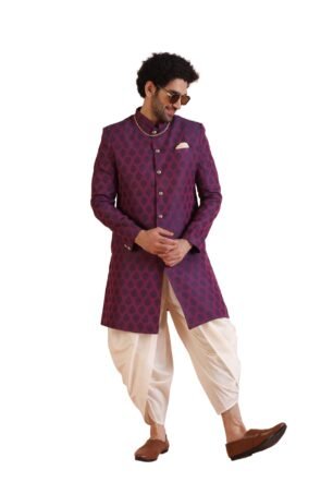 KISAH Men Purple Jacquard Woven Design Indo-Western Sherwani Set Indo-Western, Ethnic wear