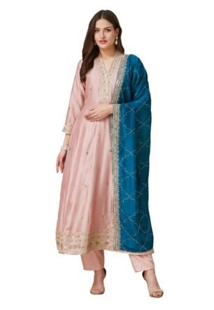 MOKOSH Women'sPink Silk Embroidered Kurta Pant Dupatta Set