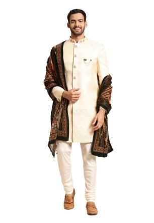 KISAH Sherwani Set with Dupatta for Men – Textured Silk Blend Jacquard Sherwani, Churidar & Dupatta | Traditional Indian Outfit for Weddings, Receptions & Festivals, White, 42
