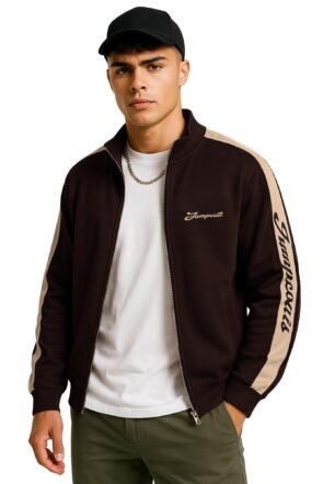 Jump Cuts Mens Printed Sleeve Tape Polo Neck Full Sleeve Brown and Beige Fleece Jacket
