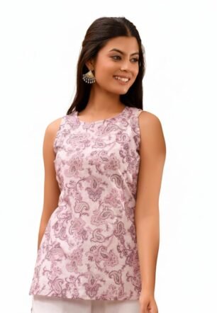 POISED Women's Sleeveless Block Print Cotton Kurti, Short Length Tunic Top with Side Slits (in, Alpha, 2XL, Regular, Purple)