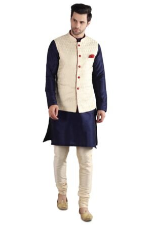 Modern Garments Blended ZORAVO Men NAVY BLUE Solid Kurta Set & Matching Chudidar with Maroon Jacket Waistcoat (46, Blue Kurta Gold Pajama Golden Jacket)
