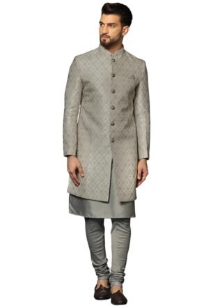 KISAH Men's Grey Indo-Western Kurta Sherwani Churidar Set (Set of 3), Cotton Full Sleaves, Knee Length, Straight, Regular Fit, Mandarin Collar Ethnicwear
