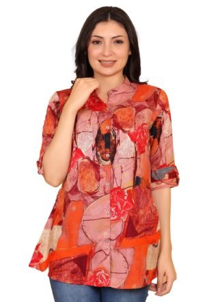 FIMS - Fashion is my style Women Rayon Regular Abstract Printed Short Kurti Tunics Tops, Ethnic Wear for Office, Flared, Mandarin Collar V Neck, Roll-Up 3/4 Sleeves, Orange Size M