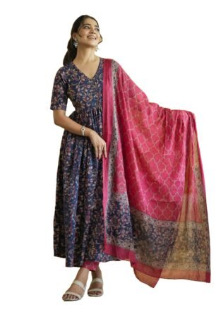 Nermosa Women Printed Anarkali Kurta and Pant Set with Dupatta (in, Alpha, XL, Blue)