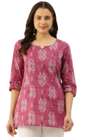 feranoid Women's Cotton 3/4 Sleeve Round Neck Vcut Regular Fit Western Top Magenta Kurta, Large