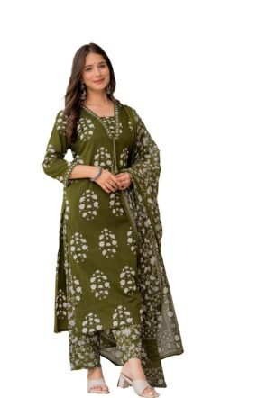 PARTHVI Women's Pure Cotton Printed Straight Kurta Set with Palazzo Pants & Dupatta- Ethnic Wear, Green