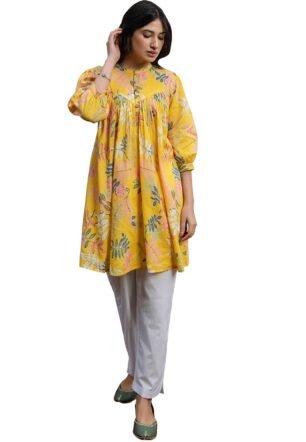 Janasya Women's Sea Blue Georgette Floral Gathered Tunic(JAA24TU00110-M)