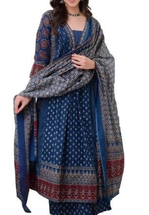 KLOSIA Women Printed Anarkali Kurta and Pant Set with Dupatta Teal Blue