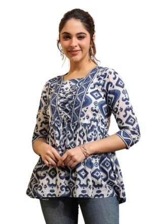 NAINVISH Women's Blue Floral Printed A-line Cotton Blend Square Neck Top (SD669_T-XL)