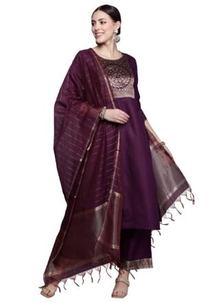 INDO ERA Women's Cotton Woven Yoke Design Straight Kurta Pant With Dupatta Set (Magenta_DDDDD4012_XX-Large)