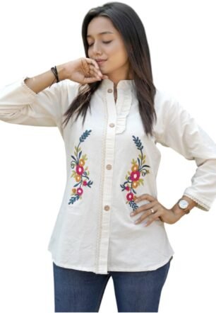 RIEKA Women?s Cream White Embroidered Cotton Shirt with Floral Thread Work Mandarin Collar Button Down Relaxed Fit Casual Top (Cream-M)