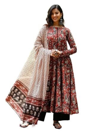 Nermosa Women Printed Anarkali Kurta and Pant Set with Dupatta (in, Alpha, M, Maroon)