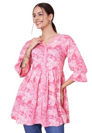FABRIC FITOOR Womens Jaipuri Pure Cotton Pink Color Tiered Fit & Flared Casual Top (Size-S)