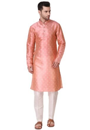 koshin Men's Printed Art Silk Square Digitally Kurta Pyjama Set for Festive and Wedding - J-DP-001 (Small, Peach)
