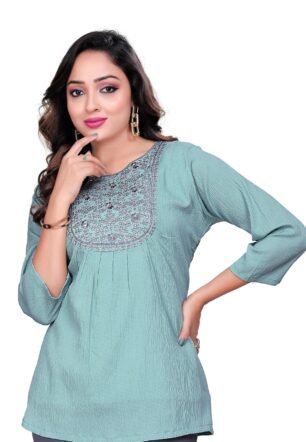 SHANTVAN GALLERY Tunics for Women – Stylish & Comfortable Indian Kurti Top with 3/4 Designer Sleeves | Delta Poly Short Tunics for Ladies | Casual (in, Alpha, S, Sea Green)