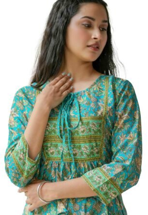 Yash Gallery Polyester Women's Floral Placement Printed 3/4 Sleeve Keyhole Neck Short Kurta (Large, Green, Regular Fit)