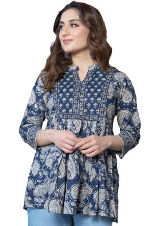 Arayna Women's Pure Cotton Paisley Printed Tunic Top – Comfortable Everyday Wear - Midnight Blue, X-Large