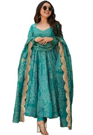 Pinkmint Women's Bandhani Print Flared Anarkali Muslin Kurta Set with Pant & Stylish Dupatta Ethnic Long Sleeve Dress Suit Set (Avaiable in Plus size)