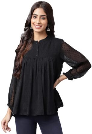 Janasya Women's Black Dobby Chiffon Solid Empire Top(JNE4207-TP-XXL)