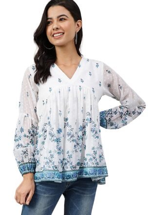 Janasya Women's White Georgette Digital Print Flared Top(JNE4045-TP-M)