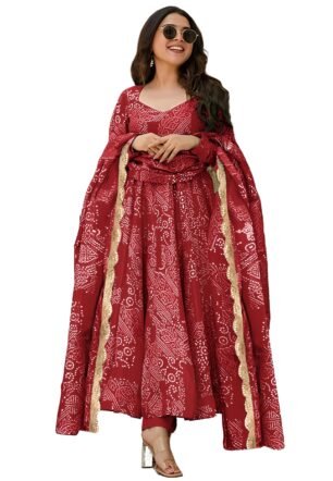 Pinkmint Women's Bandhani Print Flared Anarkali Muslin Kurta Set with Pant & Stylish Dupatta Ethnic Long Sleeve Dress Suit Set