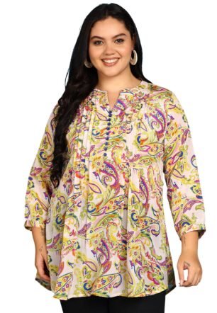 Yash Gallery Women’s Multicolor Paisley Print Chiffon Tunic Top with Pintucks & Button Placket | Round Neck with Notch, 3/4 Sleeves | A-Line Short Kurti