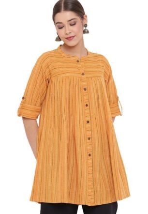 Janasya Women's Mustard Cotton Woven Design Gathered Tunic(J0119-TP-J-L)