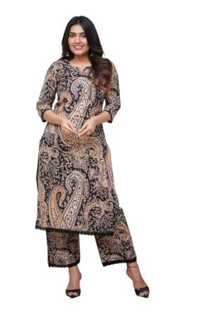 Nermosa Women Viscose Printed Straight Kurta Pant Set (in, Alpha, XL, Black)