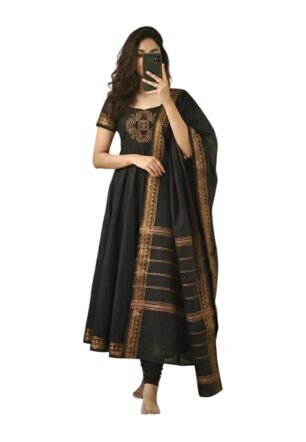 queens world Anarkali Suit Set with Embroidered Yoke, Dupatta and Churidar, Traditional Indian Ethnic Wear (IN, Alpha, 3XL, Regular, Standard, Black)